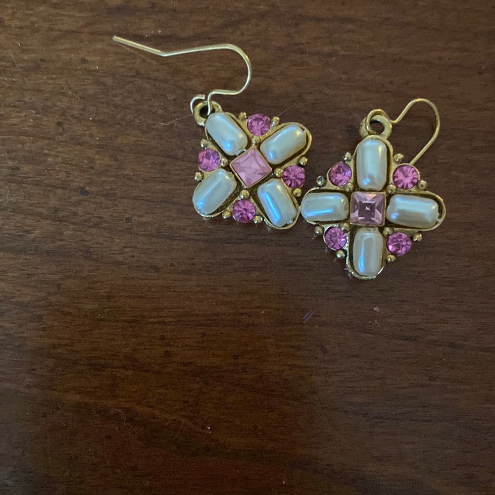 Faux pearl and pink diamond earrings